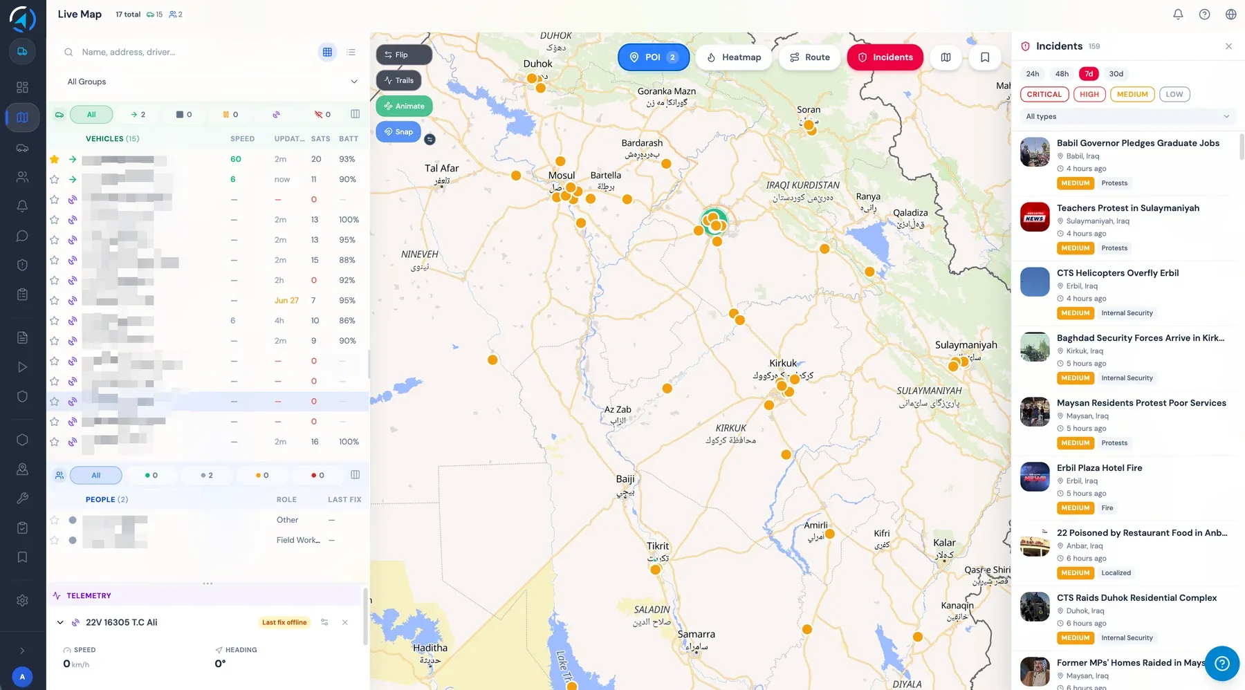 Navcore live map — vehicles, field staff and live incident intelligence across Kurdistan and Iraq